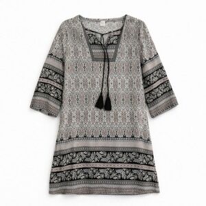 Tantrums Boho Loose FIt Tunic Dress Womens Large Peasant Rayon 3/4 Sleeve Tassel